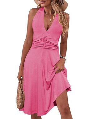 Women's Rose Pink Sundress Summer Sleeveless Halter Neck Casual Beach Dress